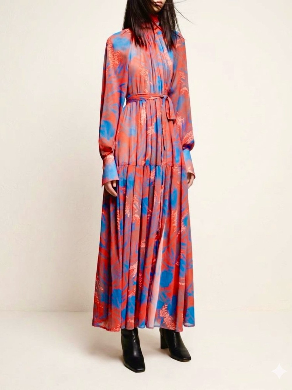 Urban Revivo Tiered High Neck Maxi Dress Blue Red